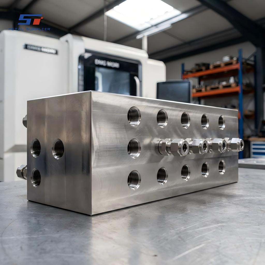Blocco collettore in acciaio inox lavorato a CNC per la distribuzione di prodotti chimici su più linee.