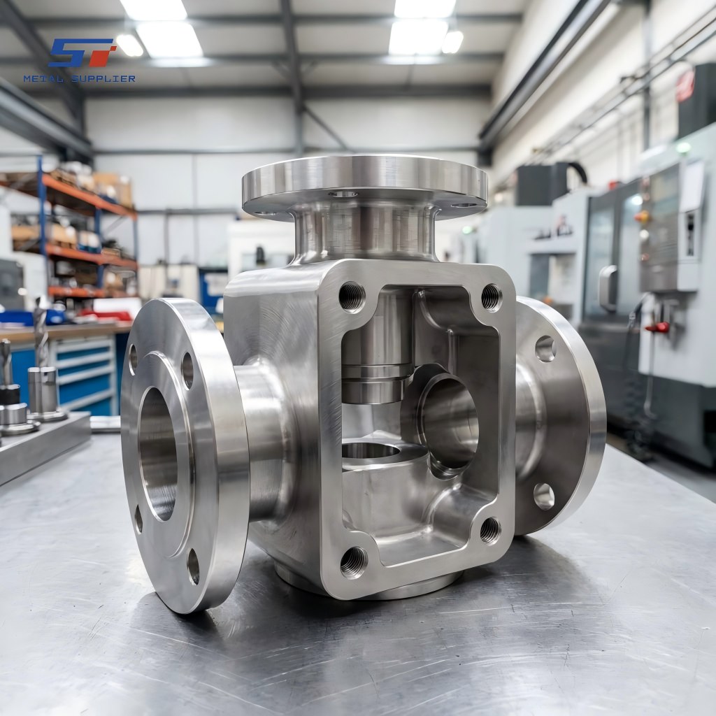 Corpo valvola in acciaio inox lavorato a CNC su misura per sistemi di controllo del flusso industriale.