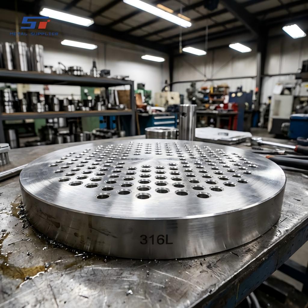 Lavorazione CNC di precisione di piastre terminali in acciaio inossidabile per scambiatori di calore destinati a sistemi di raffreddamento industriali.